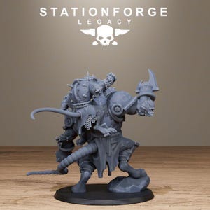 May include: A grey resin miniature figurine of a rat-like creature in armour, featuring a long tail, spiked shoulder pauldrons, and a blade held in one hand. The figure stands on a circular base with the text STATIONFORGE LEGACY and a skull logo.