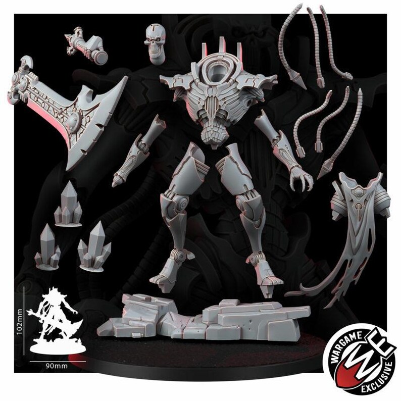 K&ouml;nnte beinhalten: Ein grauer Resin-Miniatur-Modellbausatz mit einer zentralen Roboterfigur bestehend aus Torso, Beinen und Armen, erg&auml;nzt durch eine gro&szlig;e Axt, einen Totenkopf, drei Kristallcluster, vier d&uuml;nne Kabel und einen zerfetzten Umhang auf einem Felsensockel.