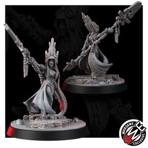 May include: A grey resin miniature figure of a warrior wearing a tall, ornate headdress and flowing robes, holding a long staff with a geometric blade. The figure stands on a textured base with skull details, featuring the Wargame Exclusive logo.