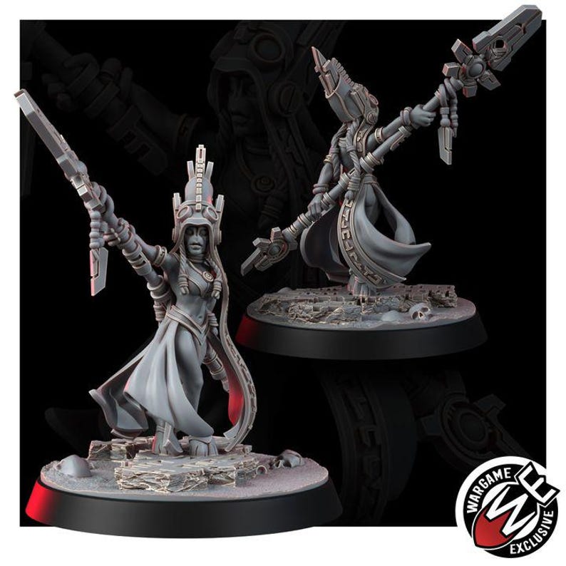 May include: A grey resin miniature figure of a warrior wearing a tall, ornate headdress and flowing robes, holding a long staff with a geometric blade. The figure stands on a textured base with skull details, featuring the Wargame Exclusive logo.