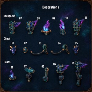 Puede incluir: Una colecci&oacute;n de componentes de juego en miniatura etiquetados como Decorations, que incluye Backpacks 07-11, Chest 01-05 y Hands 01-05. Los art&iacute;culos presentan acabados met&aacute;licos en verde azulado oscuro con detalles de llamas moradas y azules.