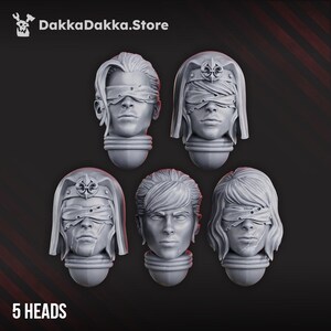 May include: A set of five grey miniature resin heads, each featuring a distinct hairstyle. Three heads wear blindfolds, two of which include a fleur-de-lis emblem on a headband. The text DakkaDakka.Store and 5 HEADS is visible in the image.