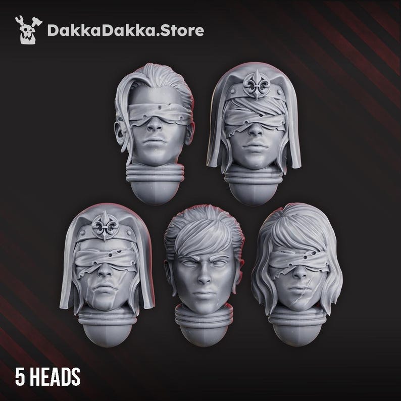 May include: A set of five grey miniature resin heads, each featuring a distinct hairstyle. Three heads wear blindfolds, two of which include a fleur-de-lis emblem on a headband. The text DakkaDakka.Store and 5 HEADS is visible in the image.