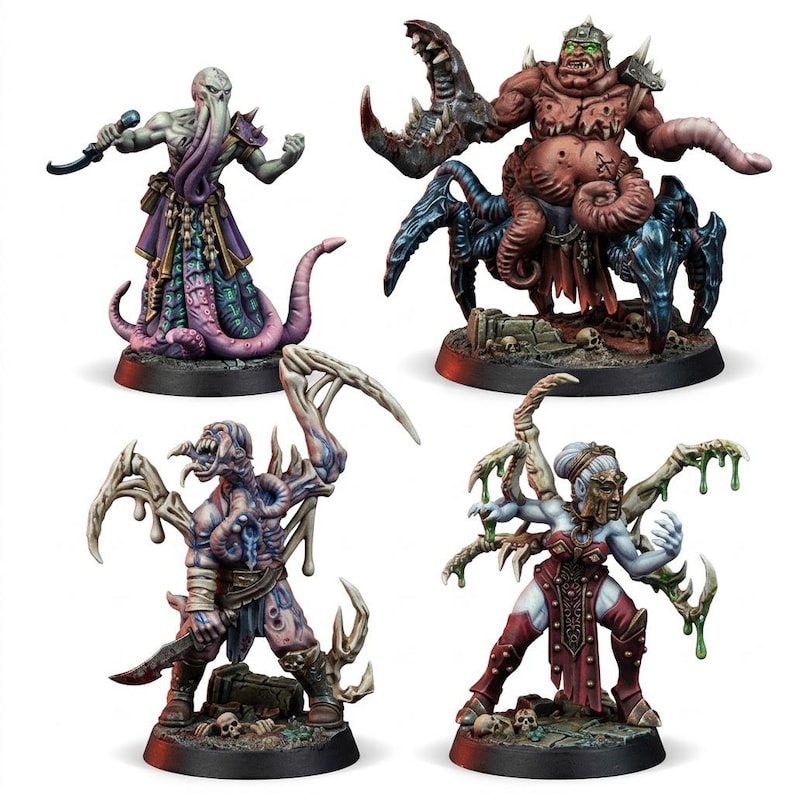 May include: Four fantasy miniature figures on black circular bases. One is a tentacled humanoid in purple robes, one a large creature with a crab claw, one a winged monster with exposed flesh, and one a warrior with multiple green slime-covered limbs.
