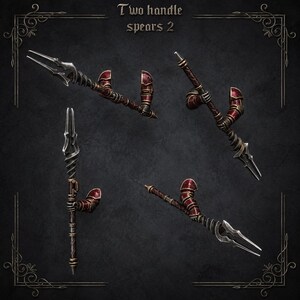 May include: Four views of a two-handled spear with a metallic silver pointed tip, a dark brown shaft, and red armor-like accents on the handles. The text "Two handle spears 2" is centered at the top of the image, framed by decorative scrollwork.