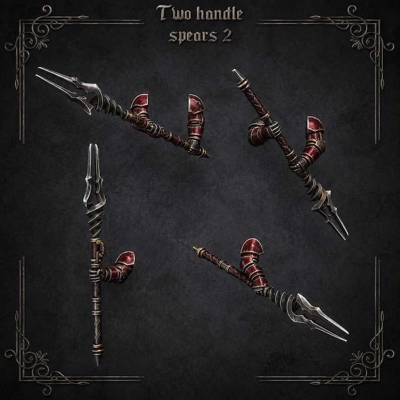 May include: Four views of a two-handled spear with a metallic silver pointed tip, a dark brown shaft, and red armor-like accents on the handles. The text "Two handle spears 2" is centered at the top of the image, framed by decorative scrollwork.