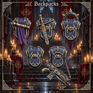 Op de afbeelding: Een collectie van vijf blauwe en gouden miniatuurrugzakken met gotische ontwerpen, waaronder schedelmotieven, fleur-de-lis-emblemen en een zwaardbevestiging. De set wordt getoond tegen een donkere, door kaarsen verlichte stenen achtergrond met de tekst Backpaks.