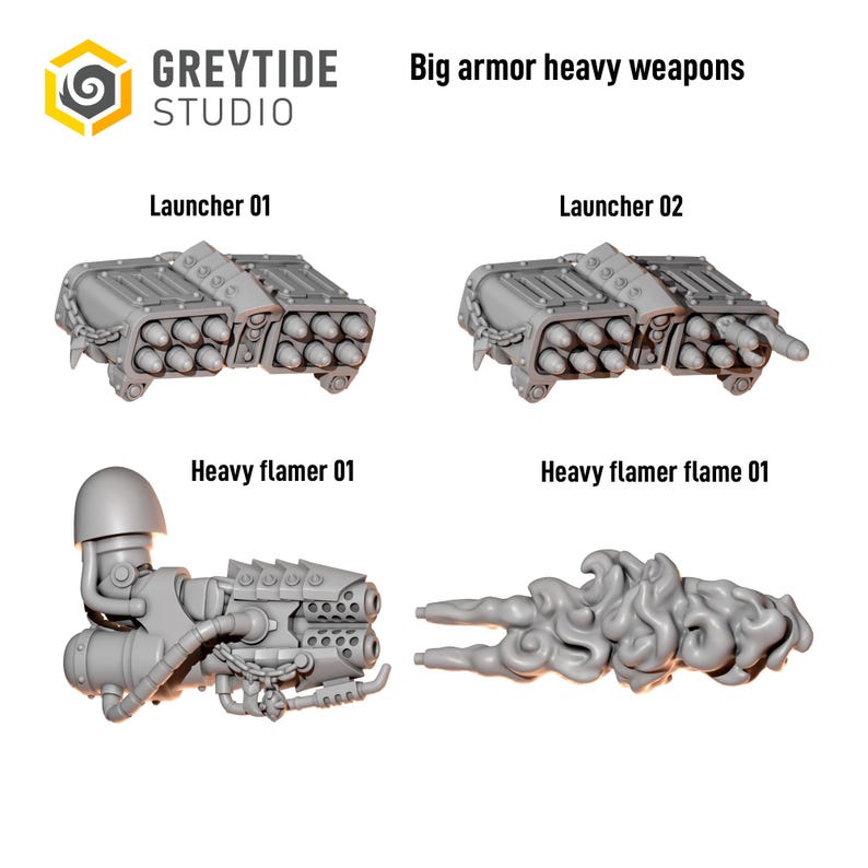 Op de afbeelding: Grijze plastic miniatuur spelonderdelen met het label Big armor heavy weapons, inclusief twee raketwerpers, een zware vlammenwerper met schouderstuk en een apart gevormd vlameffectstuk. De set bevat gedetailleerde mechanische onderdelen.
