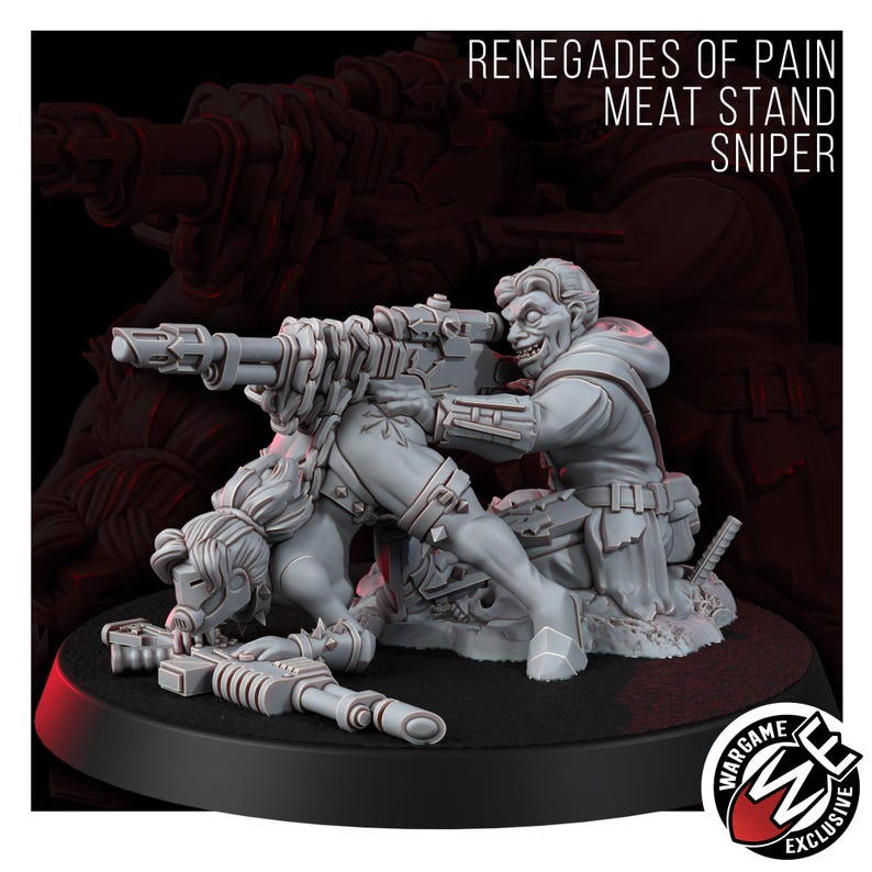 May include: A gray resin miniature figurine set titled RENEGADES OF PAIN MEAT STAND SNIPER. It features a kneeling figure aiming a large rifle and a second figure positioned forward with a weapon on the ground. The base is circular and black.