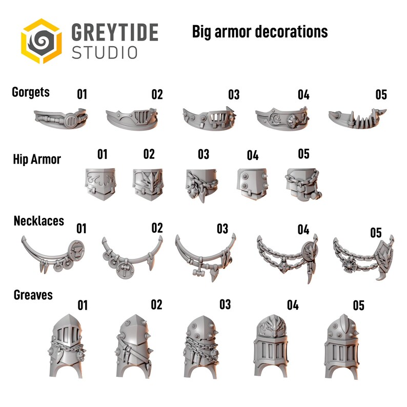 Op de afbeelding: Een collectie grijze miniatuur pantseronderdelen met het label Big armor decorations van Greytide Studio. De set bevat vijf variaties van gorgets, heuppantser, kettingen en scheenplaten, met gedetailleerde ontwerpen zoals kettingen, stekels en platen.