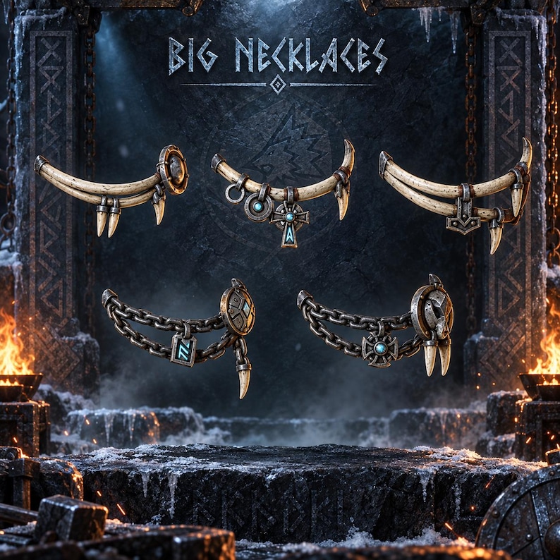 May include: Five necklaces displayed against a dark stone background with the text BIG NECKLACES at the top. The necklaces feature curved ivory-coloured tusk-like elements, metallic chains, circular medallions, and pendants with blue accents.