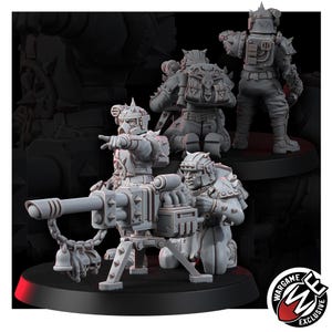 May include: A set of three unpainted gray resin miniature figures featuring armored soldiers operating a heavy tripod-mounted rotary cannon. One figure points forward while another kneels to operate the weapon, which is adorned with hanging skull charms.