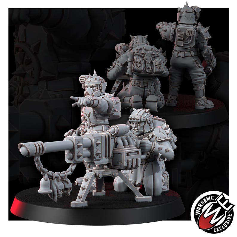 May include: A set of three unpainted gray resin miniature figures featuring armored soldiers operating a heavy tripod-mounted rotary cannon. One figure points forward while another kneels to operate the weapon, which is adorned with hanging skull charms.