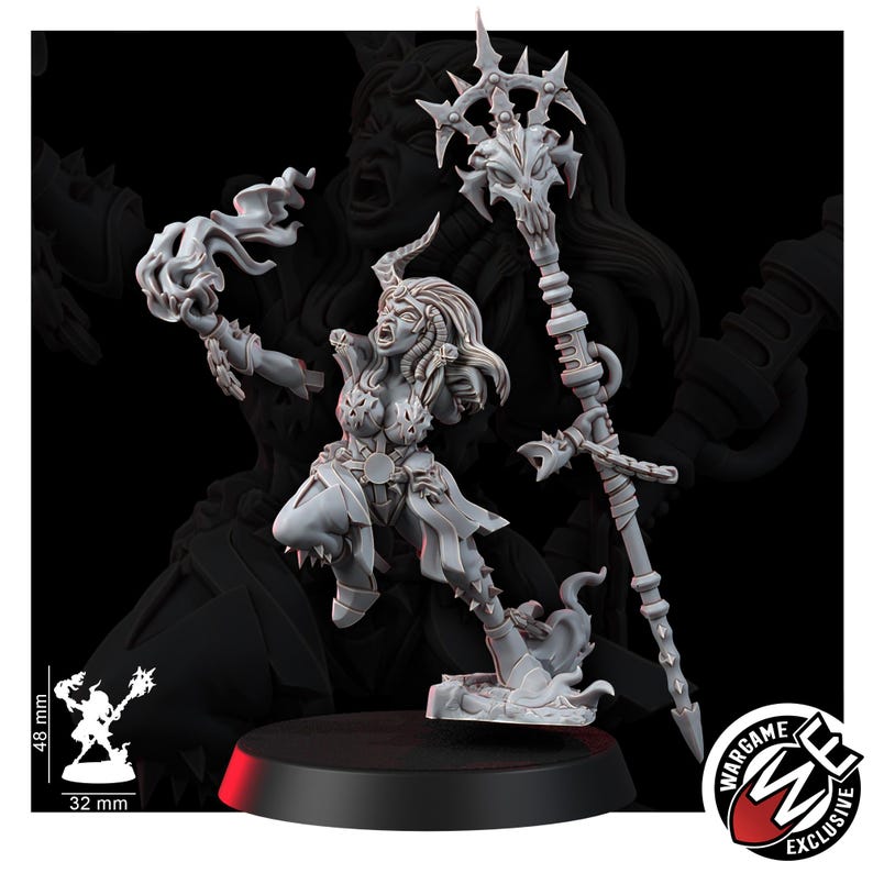 May include: A grey resin miniature figure of a warrior with horns, holding a flaming orb in one hand and a tall, ornate staff topped with a skull-like design in the other. The figure stands on a circular base, measuring 48 mm by 32 mm.