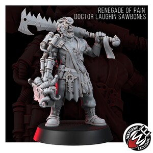 Puede incluir: Una figura miniatura gris titulada RENEGADE OF PAIN DOCTOR LAUGHIN SAWBONES. El personaje presenta una luz frontal, una gran hoja dentada sobre el hombro, un accesorio de brazo mec&aacute;nico y un malet&iacute;n m&eacute;dico con detalles similares a tent&aacute;culos.