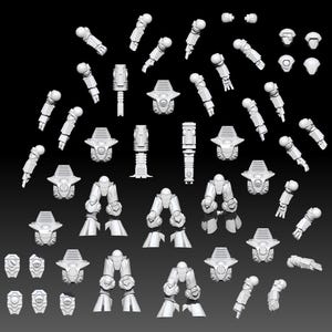 May include: A collection of unpainted white plastic miniature parts for sci-fi figures, including various robotic torso sections, articulated leg assemblies, segmented arm components, and several distinct helmet designs arranged on a dark background.