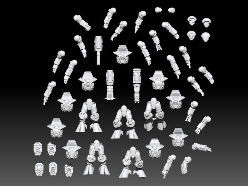 May include: A collection of unpainted white plastic miniature parts for sci-fi figures, including various robotic torso sections, articulated leg assemblies, segmented arm components, and several distinct helmet designs arranged on a dark background.