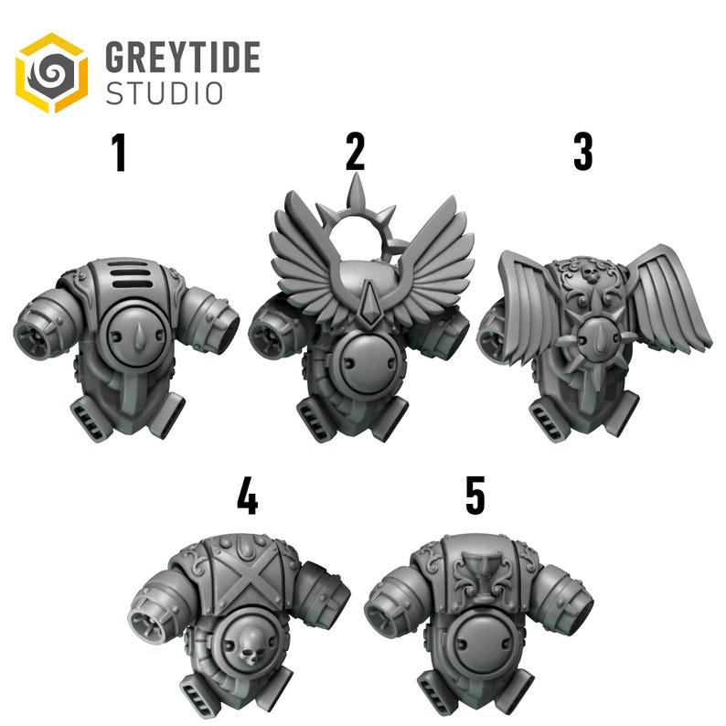 May include: Five grey miniature jetpacks labeled Greytide Studio. Number 1 is a standard pack, 2 features wings and a halo, 3 has ornate wings with a skull, 4 displays a skull emblem with cross straps, and 5 shows a chalice emblem on the back.