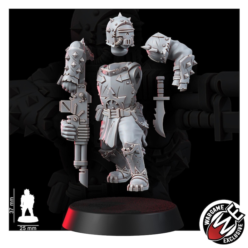 K&ouml;nnte beinhalten: Eine hellgraue Resin-Miniatur eines Kriegers in Stachelr&uuml;stung, bestehend aus Helm, Torso, zwei Armen und Beinen. Die Figur h&auml;lt ein gro&szlig;es Gewehr und ein Kampfmesser. Eine Skala zeigt eine H&ouml;he von 37 mm und einen Basisdurchmesser von 25 mm.