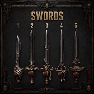 May include: A collection of five distinct swords labelled 1 through 5, displayed against a dark, ornate background with the text SWORDS at the top. Each sword features a unique metallic design, including skull motifs, intricate guards, and red accents.