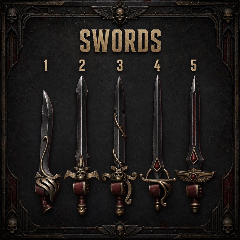 May include: A collection of five distinct swords labelled 1 through 5, displayed against a dark, ornate background with the text SWORDS at the top. Each sword features a unique metallic design, including skull motifs, intricate guards, and red accents.