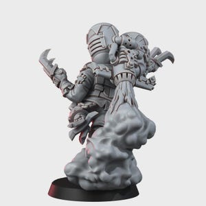 May include: A gray miniature figurine of a character wearing a helmet and a jetpack with exhaust smoke billowing from the bottom. The figure has mechanical details, including a claw-like hand, and stands on a circular black base.