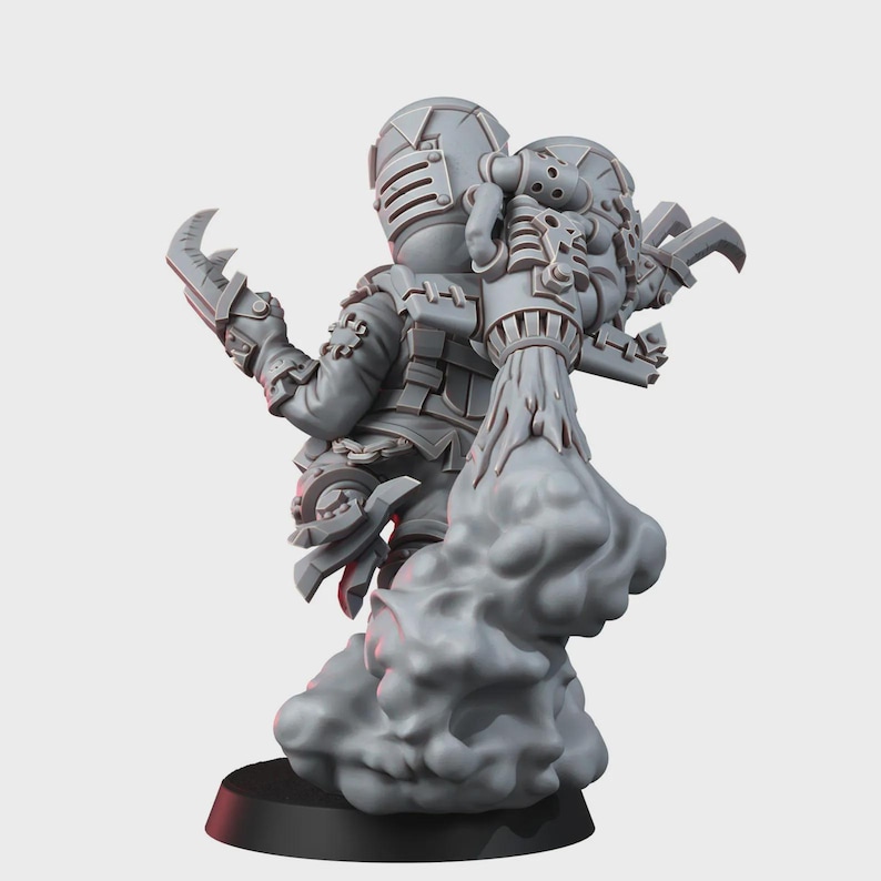 May include: A gray miniature figurine of a character wearing a helmet and a jetpack with exhaust smoke billowing from the bottom. The figure has mechanical details, including a claw-like hand, and stands on a circular black base.