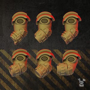 May include: Six tan-colored miniature shoulder armor pieces with red trim and a central oval vent. Each piece features a mechanical arm attachment with a cylindrical barrel and detailed paneling, designed for tabletop gaming figures.