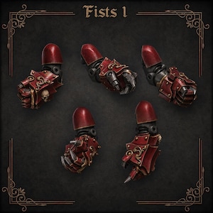 May include: Five miniature robotic arm attachments labeled Fists 1. Each arm features a red shoulder pauldron, dark mechanical joints, and a red armored gauntlet with gold filigree, metallic spikes, and a small skull emblem on the knuckles.