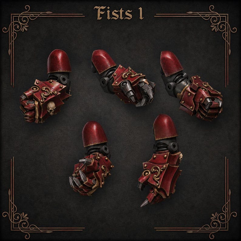 May include: Five miniature robotic arm attachments labeled Fists 1. Each arm features a red shoulder pauldron, dark mechanical joints, and a red armored gauntlet with gold filigree, metallic spikes, and a small skull emblem on the knuckles.