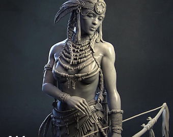 Miniatura de fantasía nativa americana / Guerrera tribal Kora / Arquera femenina de resina de 14 quilates