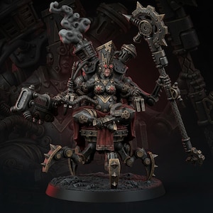 K&ouml;nnte beinhalten: Eine Miniaturfigur eines Cyborg-Charakters mit rot leuchtenden Augen, einer hohen Kopfbedeckung und dunkler R&uuml;stung mit Zahnrad-Details. Die Figur sitzt auf einer mechanischen Basis mit vier spitzen Beinen und h&auml;lt einen langen Stab.
