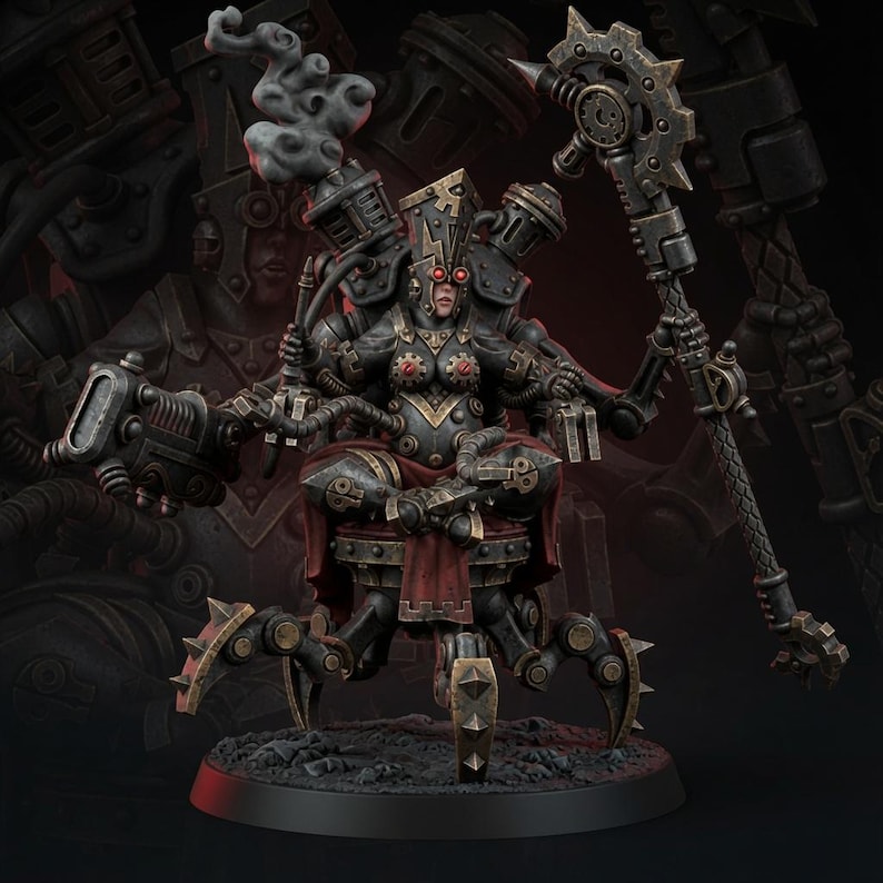 K&ouml;nnte beinhalten: Eine Miniaturfigur eines Cyborg-Charakters mit rot leuchtenden Augen, einer hohen Kopfbedeckung und dunkler R&uuml;stung mit Zahnrad-Details. Die Figur sitzt auf einer mechanischen Basis mit vier spitzen Beinen und h&auml;lt einen langen Stab.