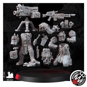May include: A set of grey resin miniature parts including two torso figures, a heavy weapon on a tripod, a rifle, various arms, heads, and accessories. A scale graphic shows 41 mm by 50 mm dimensions. The Wargame Exclusive logo is visible.