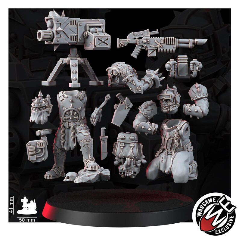 May include: A set of grey resin miniature parts including two torso figures, a heavy weapon on a tripod, a rifle, various arms, heads, and accessories. A scale graphic shows 41 mm by 50 mm dimensions. The Wargame Exclusive logo is visible.