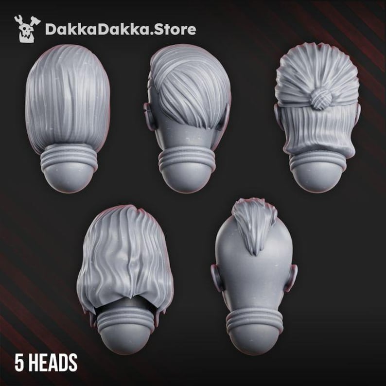 May include: Five grey miniature heads with distinct hairstyles, including a bob, a side-parted style, a tied-back bun, wavy hair, and a mohawk. Each head features a neck collar detail. The text DakkaDakka.Store and 5 HEADS are visible.