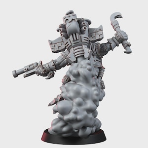 May include: A gray unpainted miniature figure of a character wearing a large mechanical backpack with exhaust pipes. The figure holds a pistol in one hand and a curved tool in the other, standing atop a cloud of smoke on a circular base.