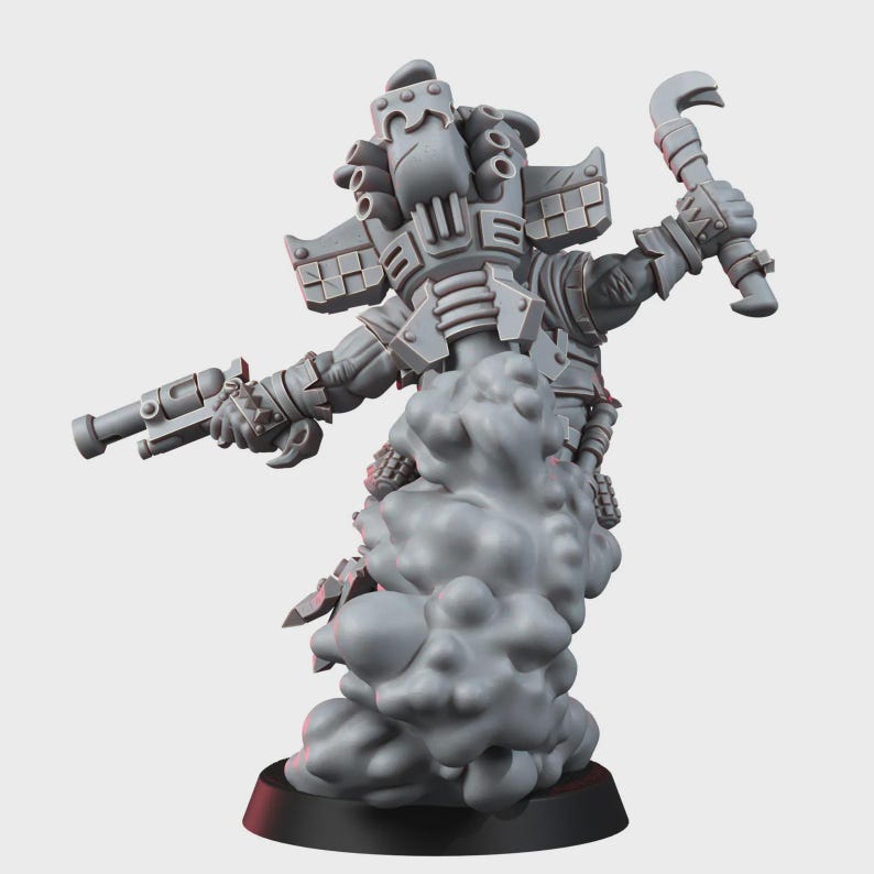 May include: A gray unpainted miniature figure of a character wearing a large mechanical backpack with exhaust pipes. The figure holds a pistol in one hand and a curved tool in the other, standing atop a cloud of smoke on a circular base.
