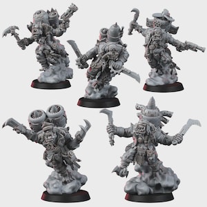 May include: A set of five unpainted gray plastic miniature figures depicting orc-like characters equipped with jetpacks, various bladed weapons, and firearms. Each figure is mounted on a circular black base and stands atop a sculpted cloud of smoke.