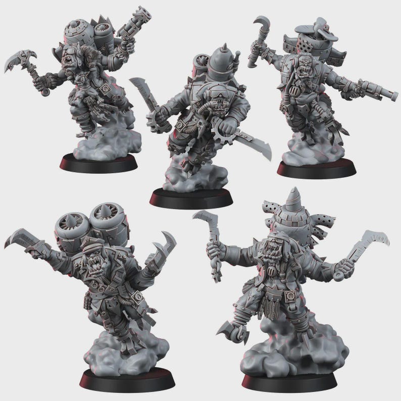 May include: A set of five unpainted gray plastic miniature figures depicting orc-like characters equipped with jetpacks, various bladed weapons, and firearms. Each figure is mounted on a circular black base and stands atop a sculpted cloud of smoke.