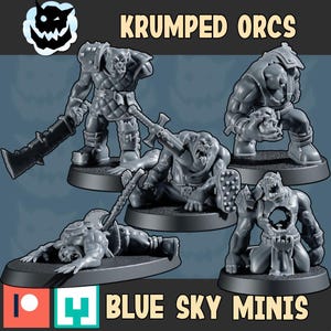 May include: Five grey plastic miniature orc figures labeled Krumped Orcs and Blue Sky Minis. The figures include standing, sitting, and prone poses, featuring detailed armor, weapons, and battle damage, all mounted on circular black bases.