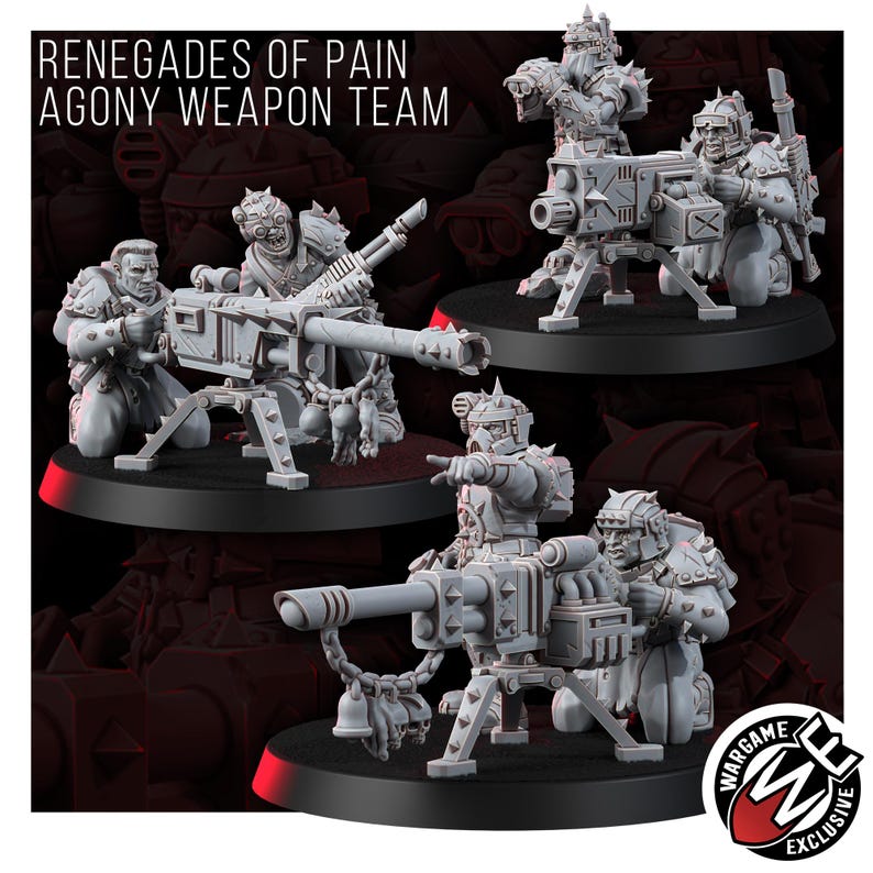 May include: Three sets of grey resin miniature figures titled RENEGADES OF PAIN AGONY WEAPON TEAM. Each set features two figures operating a heavy mounted weapon on a circular base, with detailed armor, helmets, and spiked weapon components.