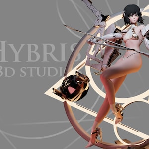 Peut inclure: Rendu 3D d'une figure féminine dans un design futuriste. La figure porte un bikini et une armure blancs et dorés, avec une épée et un bouclier. Le fond comprend le texte "HYBRID 3D STUDIO" et "CODE SNOW".
