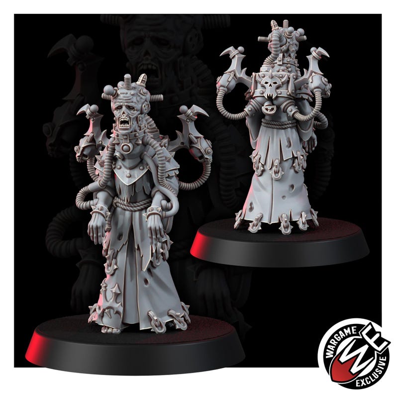 May include: A grey resin miniature figure of a skeletal humanoid character with a mechanical head apparatus, tubes, and a tattered robe. The figure features spiked shoulder armor, a skull emblem on the back, and stands on a circular black base.