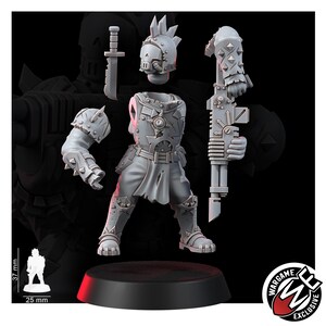 K&ouml;nnte beinhalten: Ein grauer Resin-Miniaturenbausatz bestehend aus einem Torso, einem Helm mit Irokesenschnitt, einem separaten Arm mit Stachel-Schulterpanzer, einem Messer und einem Arm, der ein Gewehr h&auml;lt. Die Figur steht auf einem Sockel, 37 mm hoch und 25 mm breit.