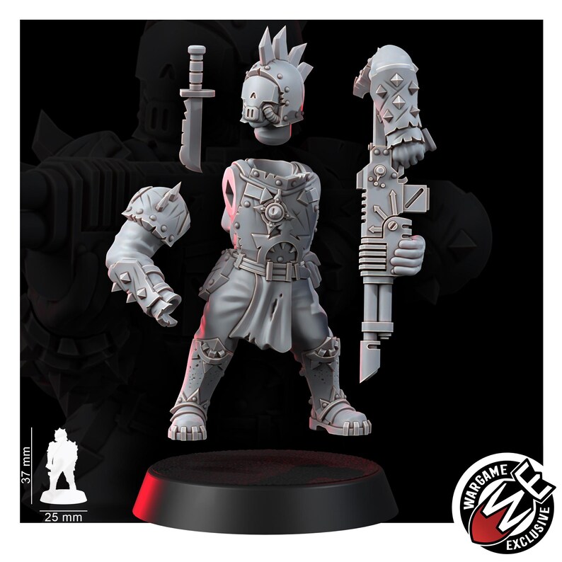 K&ouml;nnte beinhalten: Ein grauer Resin-Miniaturenbausatz bestehend aus einem Torso, einem Helm mit Irokesenschnitt, einem separaten Arm mit Stachel-Schulterpanzer, einem Messer und einem Arm, der ein Gewehr h&auml;lt. Die Figur steht auf einem Sockel, 37 mm hoch und 25 mm breit.