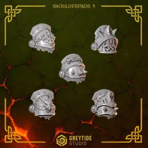 May include: Five grey miniature shoulder pads labeled SHOULDERPADS 3, each featuring distinct sculpted details including chainmail, spikes, a dragon head, and small skull icons on the side, presented as gaming accessories by Greytide Studio.