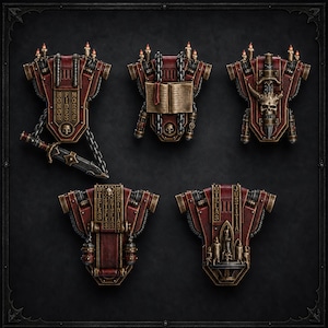 May include: Five miniature backpack-style accessories featuring a dark red and metallic bronze color scheme. Each piece includes intricate details like small candles, chains, skulls, and inscribed Latin text such as Honor, Fides, Morse, and Justitia.