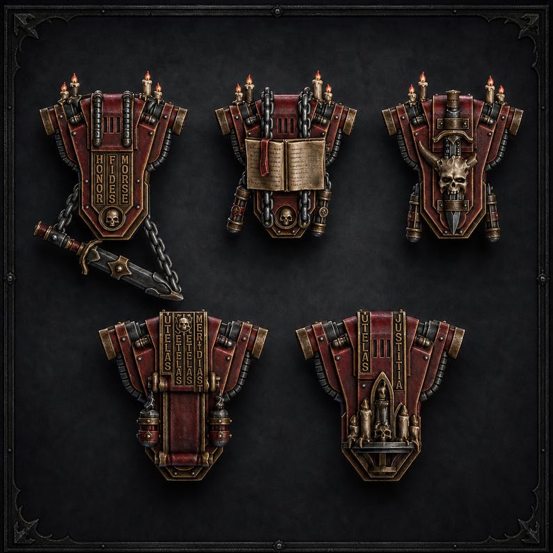 May include: Five miniature backpack-style accessories featuring a dark red and metallic bronze color scheme. Each piece includes intricate details like small candles, chains, skulls, and inscribed Latin text such as Honor, Fides, Morse, and Justitia.