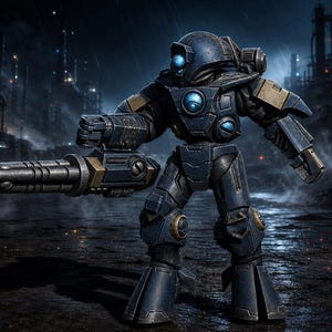 May include: A dark blue armored robot figure with tan accents, featuring a glowing blue circular chest light and a single glowing blue eye. The robot holds a large multi-barreled gatling gun in its right hand and stands on wide, sturdy feet.